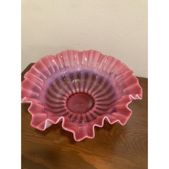 FENTON Cranberry Opalescent Striped Rose Overlay Ruffled Art Brides Bowl - Picture 3 of 16